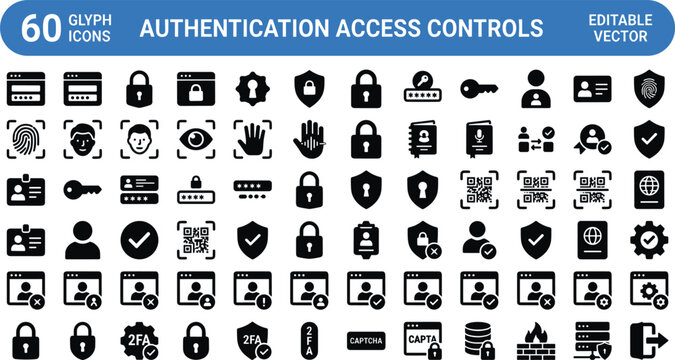 Authentication Access Controls Glyph Icons Set for Secure Login, Identity Verification, Password Protection, and App Interface Design
