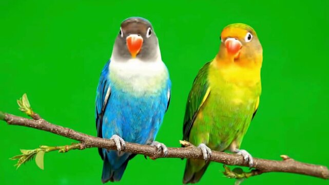 A vibrant pair of lovebirds one blue and one green perched on a natural branch against a bright green background symbolizing companionship and tropical beauty