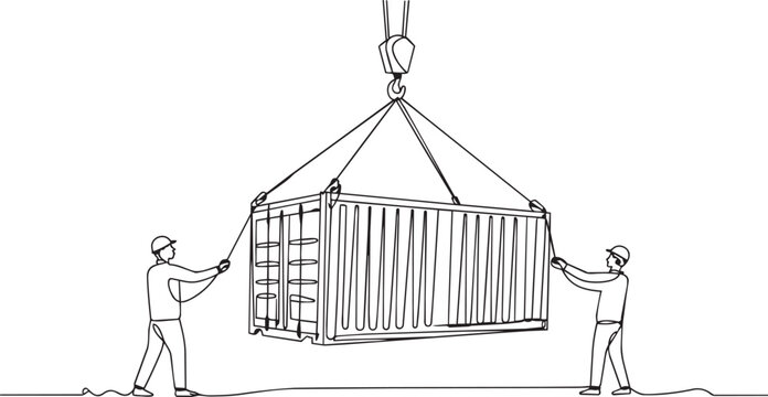 Industrial shipping container, cargo handling, logistics workers, one line art