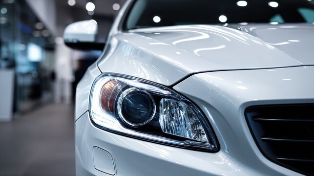 Macro view of the white car front end focusing on the illuminated headlamp