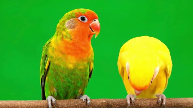 Two vibrant lovebirds a green and a yellow parrot perched on a wooden branch against a bright green screen background ideal for pet photography and animal-themed designs