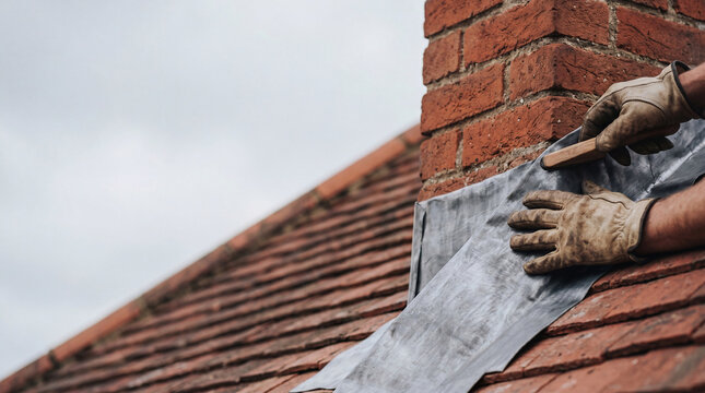Roofer applying lead flashing to a brick chimney on a tiled roof. Manual labor for house maintenance and waterproofing. Professional construction work for residential property building.