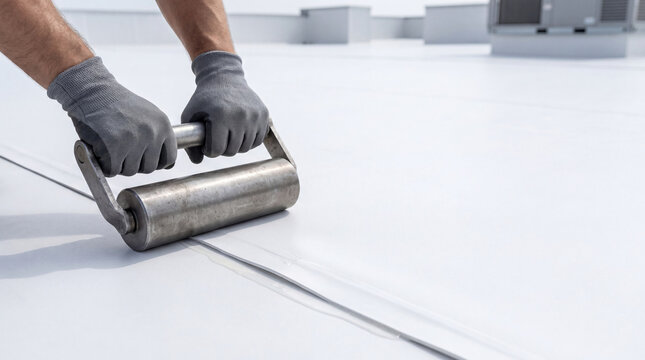 Roofer using heavy roller to seal rubber membrane on flat roof. Industrial professional construction work during home renovation. Maintenance and waterproofing of building structure.