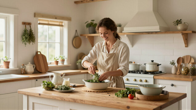 Woman smiles while tossing salad in bright, rustic kitchen. Natural light floods wooden countertop and shelves. Fresh herbs and vegetables surround her in warm tones