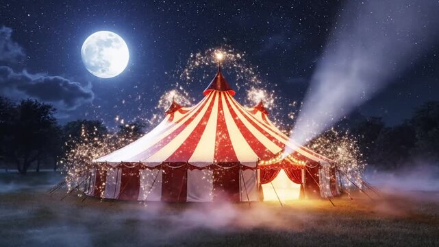 a red and white striped circus tent at night.