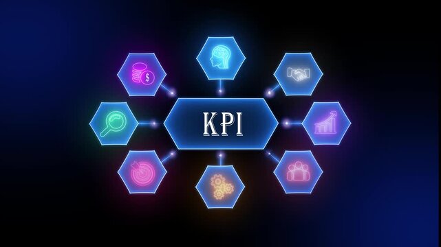 Kpi key performance indicators infographic with glowing hexagon for business growth and data analytics strategy 4k