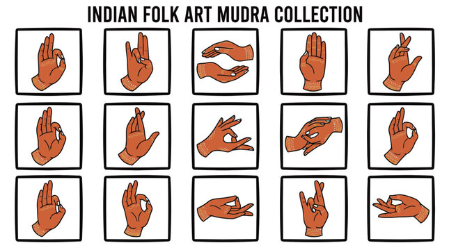 Collection of Indian folk art mudras, hand gestures from ancient traditions, depicted in small square frames, spiritual and cultural symbols, isolated on white