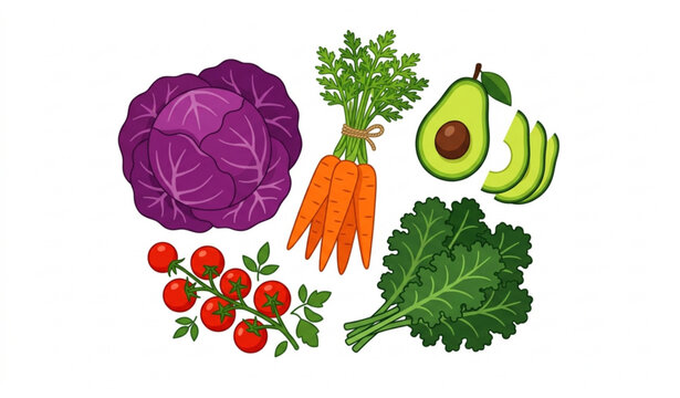Top Down Flat Lay Fresh Farm Vegetables Vector Illustration with Purple Cabbage and Kale