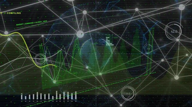 Compiling label appearing, hologram globe and nodes animating while charts rising showing analytics