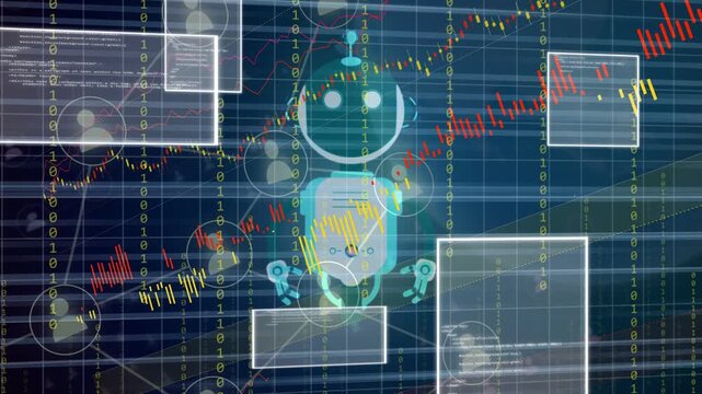 Avatar icons appearing, panels sliding in while binary streaming, teal robot processing net data