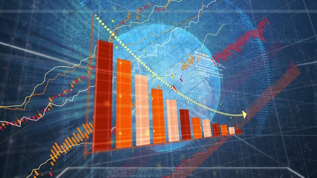 3D bars expanding on update, forming falling bars, line and arrow pulsing, showing market decline
