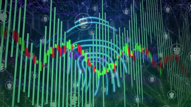 On load data viz pulsing, green bars shifting, candles flipping, spiral reacting, for synced data