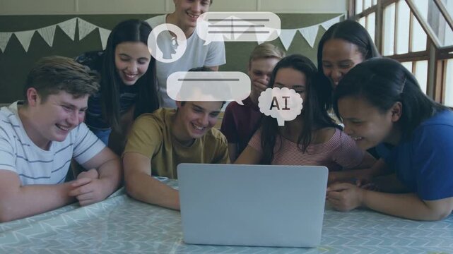 Students touching laptop and exploring AI, watching chat bubbles appearing, floating down, smiling