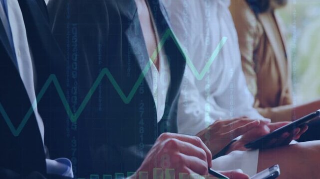 Team tapping devices, activating charts on screens for finance, camera pulling back, woman smiling