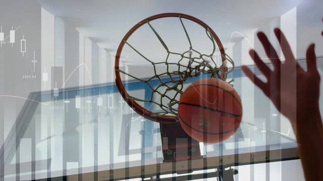 Basketball hoop showing from below, hand releasing and guiding ball entering net to score, charts