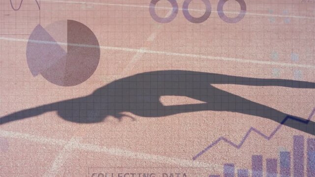 Sunlight casting shadow, athlete shadow stretching and diving while charts rising for analysis