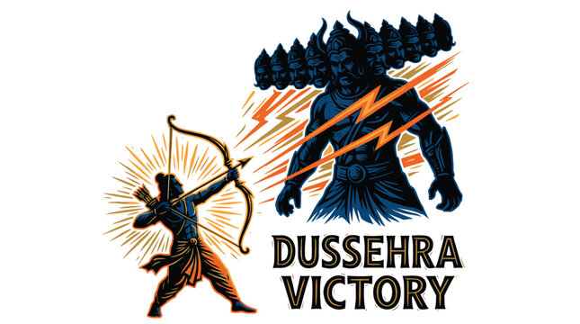 Rama aiming bow and arrow at Ravana in a pixelated, retro style, representing Dussehra victory, festival celebration, mythology, good versus evil, courage