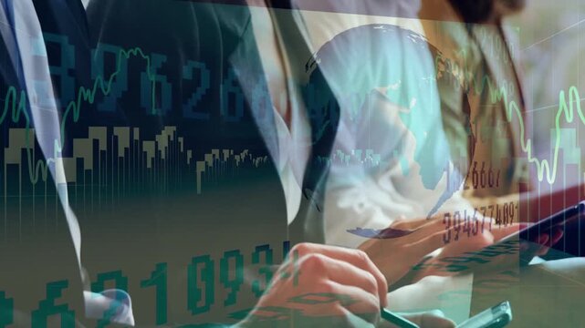 Five professionals tapping phones and tablets, monitoring animated financial charts for trading