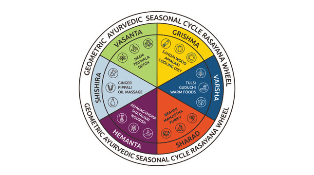 Ayurvedic seasonal cycle diagram illustrating Ritu, Ritu chakra with six seasons, Vata, Pitta, Kapha, explained visually for holistic health