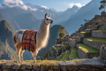 Fototapeta premium Portrait of a llama draped in a woven blanket near historic ruins