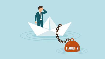 Businessman in paper boat chained to liability anchor, struggling with debt © Mountain Top Studio