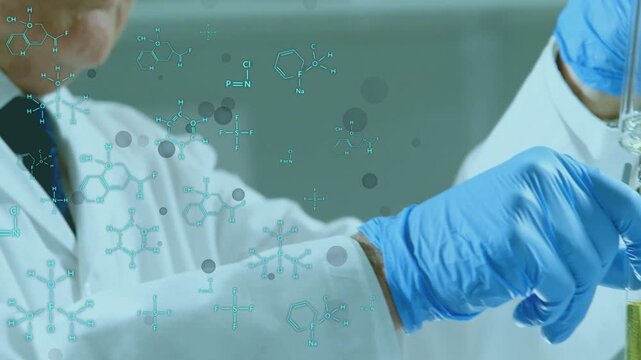 Lab tech tuning burette valve, releasing drops into tube, checking sample with molecular overlays