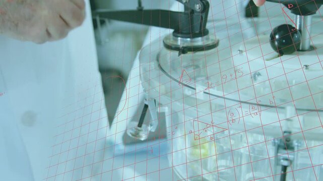 Senior scientist reaching for knob, calibrating apparatus while red grid and formulas intensifying
