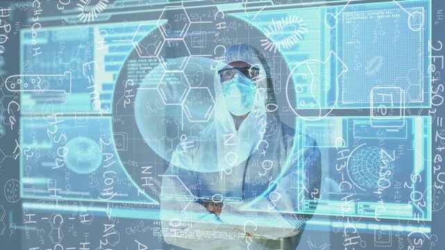 Lab scientist scanning, circular display powering and showing AR molecular charts for research