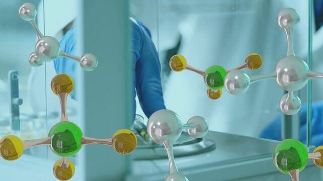 Gloved hand sliding door, lab tech placing vial on balance for weighing while molecules floating