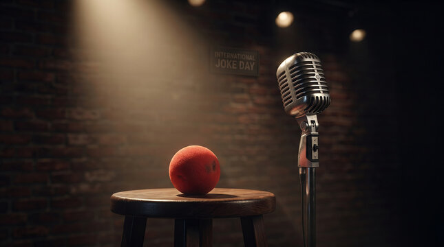 A lone tennis ball sits on a stool under a spotlight on International Joke Day, evoking the spirit of comedy