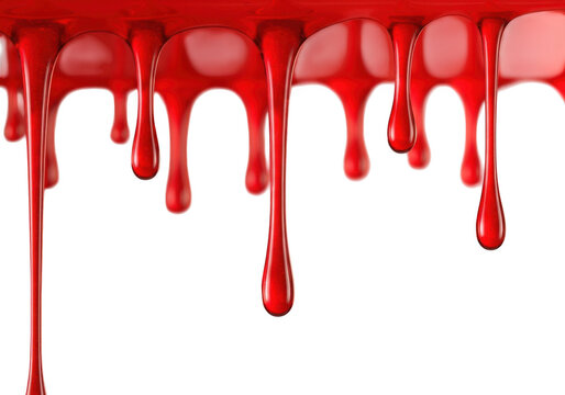 Red liquid dripping from surface in a messy pattern isolated on transparent background