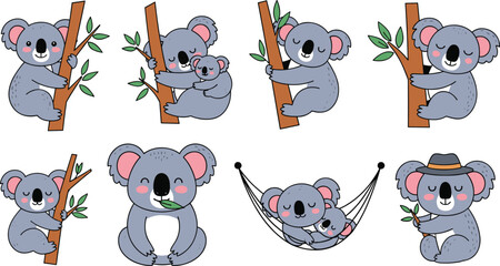 Koala Icon Set Featuring Cute Koalas with Trees, Leaves, Hammock, and Baby Koala for Woodland and Animal Designs © MdMojnu