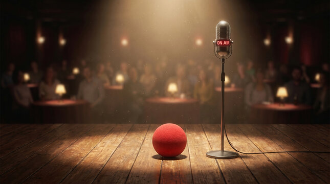 A red ball sits center stage under a spotlight, ready for a joke on international comedy day
