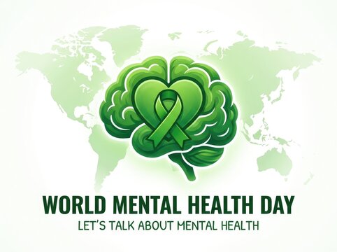 World mental health day brain with ribbon on world map illustration