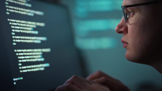 Coding rapidly, focused programmer with glasses sits at his desktop PC, generating software code powered by artificial intelligence, streamlining development boosting productivity in modern workspace