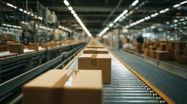 Row of brown cardboard boxes on a conveyor belt in a busy warehouse