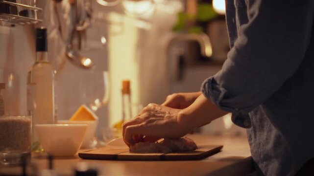 Cutting fresh chicken fillet on kitchen cutting board, man prepares meat for roast. Evening light bathes the cozy kitchen, highlighting his focused hands as he cooks, emphasizing home culinary care