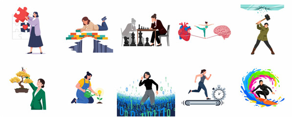 Fototapeta premium Conceptual illustration set of women in various professional and life metaphors including empowerment, strategy, balance, and growth.