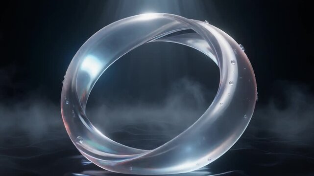 Abstract Transparent Mobius Ring Slowly Rotating in Dark Fog