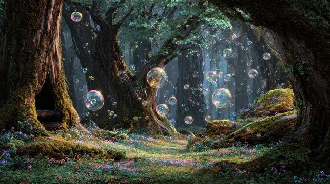 Enchanted forest with magical iridescent bubbles floating through ancient trees and a vibrant, mossy forest floor adorned with colorful wildflowers, creating a whimsical fantasy landscape.