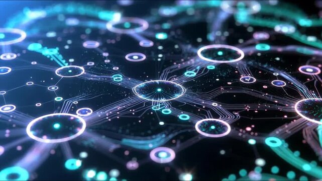Glowing neural connections in digital style over dark background, representing concept of data flow and network dynamics