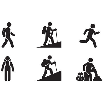 Hiking and Walking Stick Figure Icons Set Vector Silhouette Collection