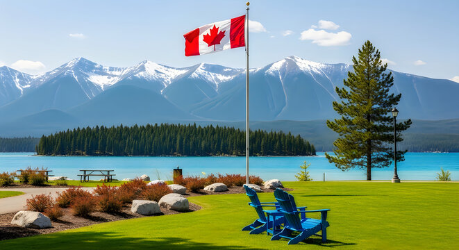 Canadian flag waving by peaceful lake with mountains in background