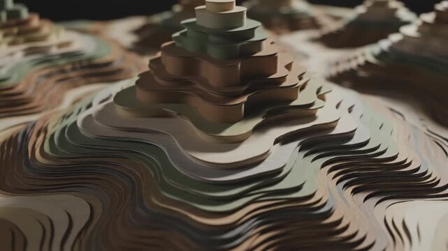 Abstract topographic map composed of multi-layered paper cutouts in earthy tones including beige, sage green, and brown, featuring organic wavy contour lines and shallow depth of field focus.