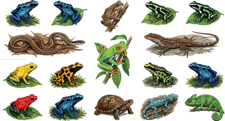 Obraz premium Exotic Amphibian and Reptile Illustration Set Featuring Frogs, Lizards, Turtles, and Chameleons for Wildlife, Nature, and Animal-Themed Designs