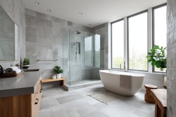 Fototapeta premium Luxurious gray-toned bathroom with frameless shower and freestanding tub