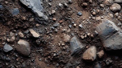 Fototapeta premium Top down view of natural soil texture with dark rocks and pebbles