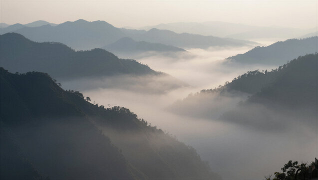 Mist curls between dark mountain ridges. Layers of peaks fade into soft haze. Silent valleys hold mystery and calm. Nature's quiet beauty lingers in stillness