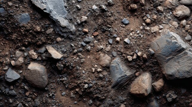 Top down view of natural soil texture with dark rocks and pebbles