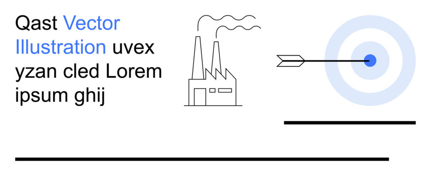Environmental awareness, industrial operations, goal setting, emissions reduction, sustainability, corporate strategy. Factory emitting smoke alongside an arrow hitting a target. Environmental